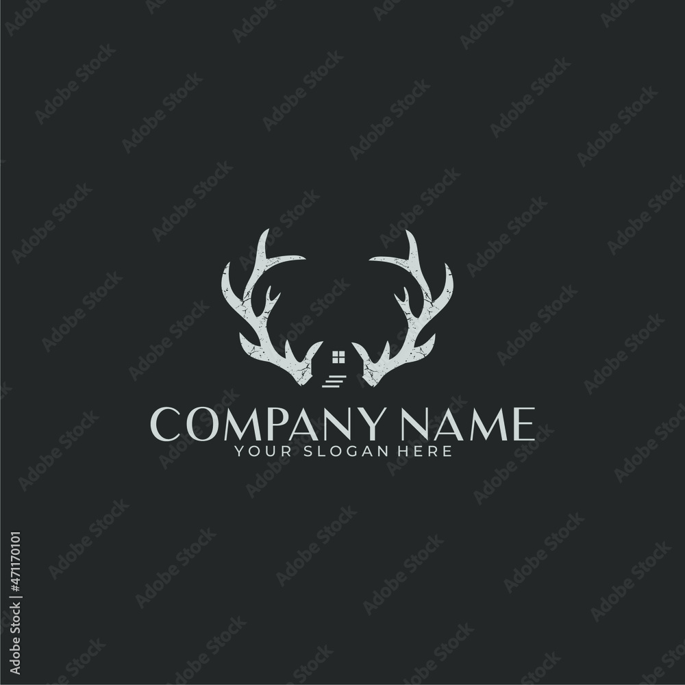 Logo negative space deer antlers with a house in a rustic style