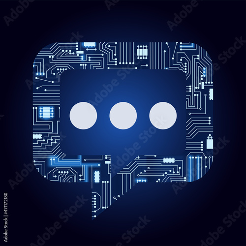 Chat balloon icon with electronics circuit. Blue and gradient background.