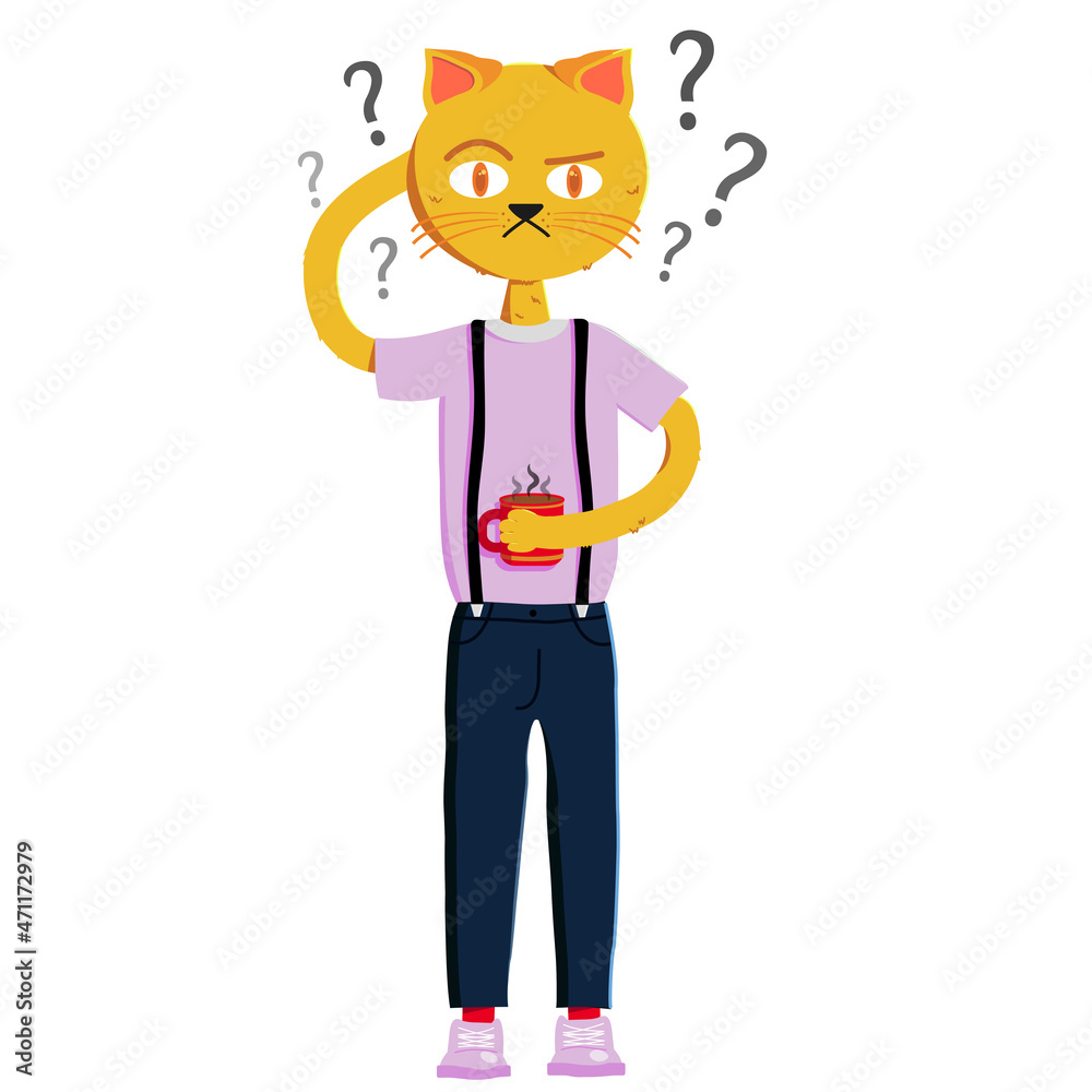 cartoon orange cat with question marks