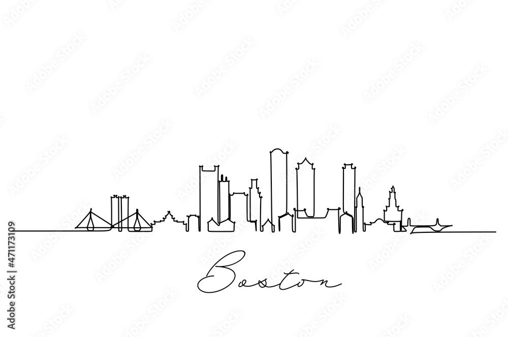Fototapeta premium Single line drawing Boston city skyline, United States. Historical town landscape in world. Best holiday destination wall decor art. Editable trendy continuous line draw design vector illustration