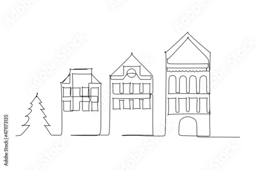 Single line drawing of a city skyline. Town and buildings landscape model. Best holiday destination wall decor art. Editable trendy continuous line draw design vector illustration