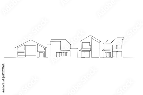 Single line drawing of residence skyline. Town and buildings landscape model. Best holiday destination wall decor art. Editable trendy continuous line draw design vector illustration