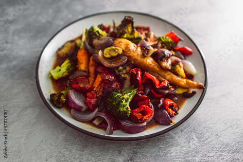 vegan roast with mixed fresh vegetables freshly picked from the garden, healthy plant-based food and locally grown