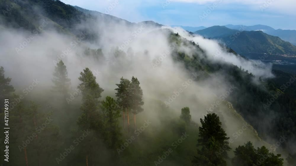 Mountain fog in the early morning. Foggy clouds envelop the mountain range along with the green hills