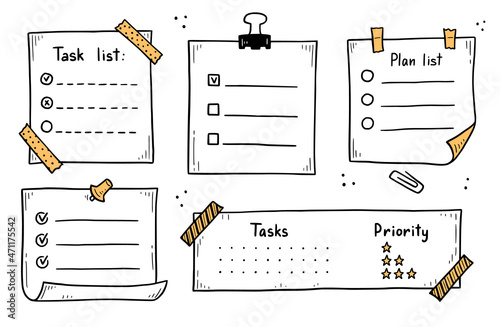 Doodle checklist set. To do, task list with check mark vector illustration. Hand drawn sketch style memo page.