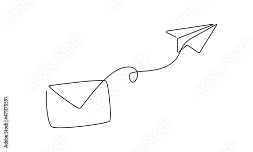 One continuous line drawing of flying Paper plane and mail. Sending Email message and newsletter in simple linear style. Concept of business metaphor and creative idea. Vector illustration