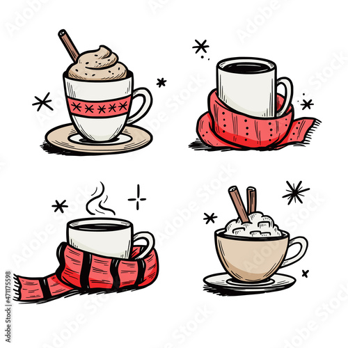 Christmas hot drink set of winter coffee, tea. Hand drawn sketch style. Drink cup, mug with winter scarf. Vector illustration.