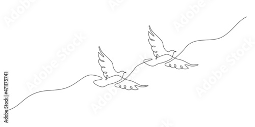 One continuous line drawing of flying couple doves. Two Birds symbol of peace love and freedom in simple linear style. Concept for national labor movement icon editable stroke. Vector illustration