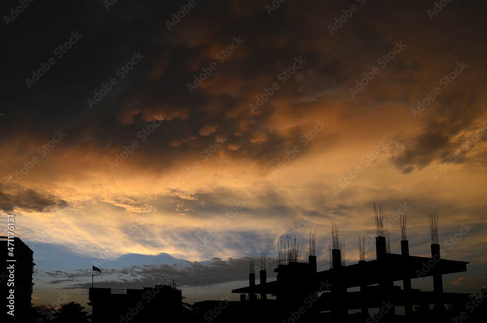 Beautiful sunset over Howrah city as a silhouette, West Bengal, India