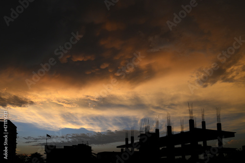 Beautiful sunset over Howrah city as a silhouette, West Bengal, India