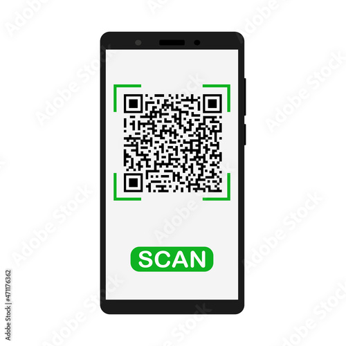 Vector illustration of a smartphone scanning QR code.