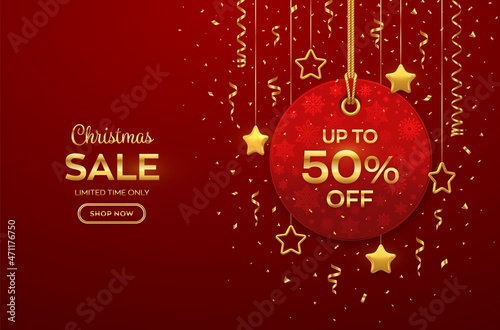 Christmas and New Year sale price tag. Realistic red tag hanging on gold rope. Discount label with golden stars and confetti. Xmas banner design, advertising, marketing price tag. Vector illustration.