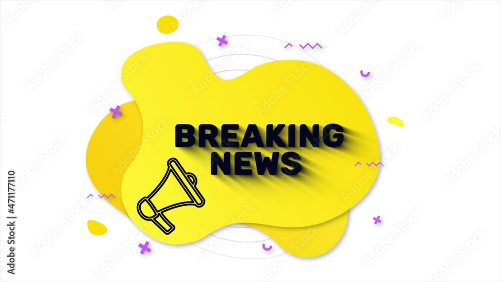 Megaphone with text Breaking news. Memphis style banner with abstract geometric shapes on yellow background. Banner and outline round elements with megaphone. 4K video motion graphic Megaphone with text Breaking news. Memphis style banner with abstract geometric shapes on yellow background. Banner and outline round elements with megaphone. 4K video motion graphic