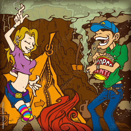 キャンプを楽しむカップルのポップなイラスト-Couple next camping fire and enjoying camping/ vector illustration / Pop cartoon characters