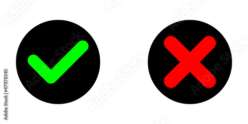 Mark and cross icon in circle. Choice sign. Color elements. Agree and disagree symbols. Vector illustration. Stock image.