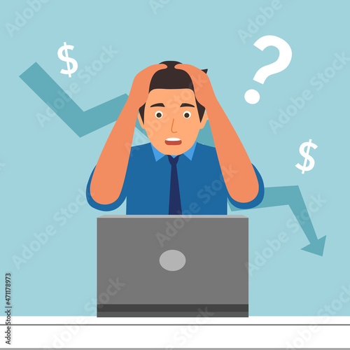 Failed stressed businessman lost money from stock trading in flat design. Negative profit investment concept. Bankruptcy.