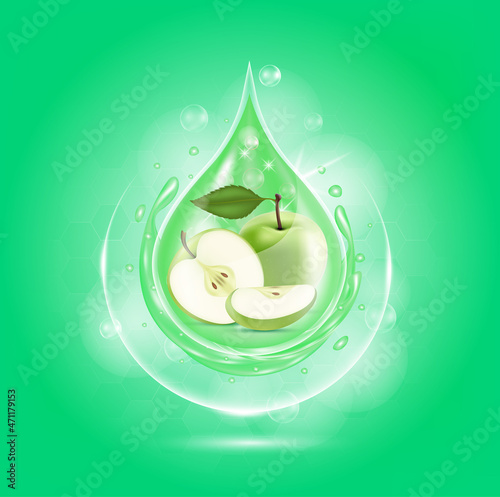 Drop serum appie. Vitamin and collagen organic anti aging serum fruit acid product. Natural eco skin care cosmetic. Realistic 3d vector EPS10 illustration.