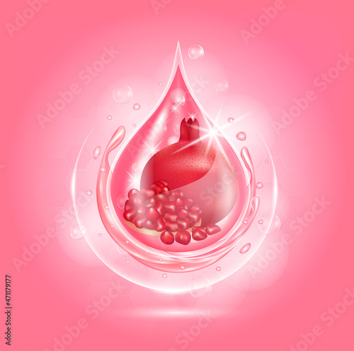 Drop serum pomegranate. Vitamin and collagen organic anti aging serum fruit acid product. Natural eco skin care cosmetic. Realistic 3d vector EPS10 illustration.