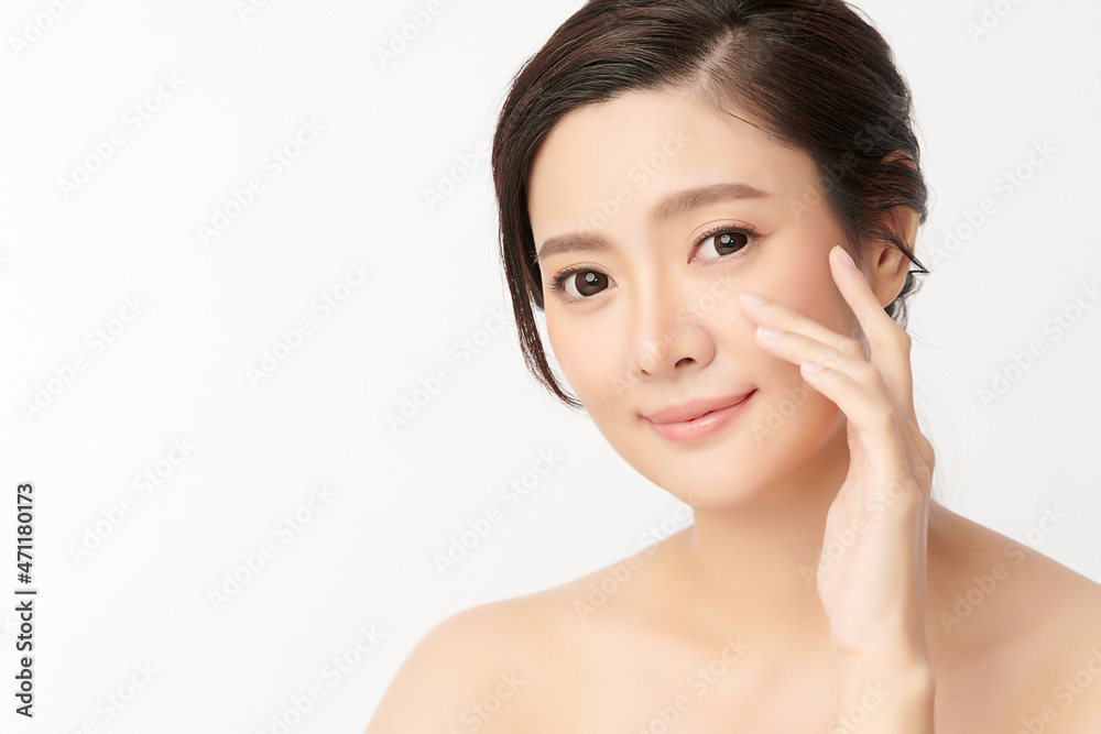 Beautiful young asian woman with clean fresh skin on white background, Face care, Facial treatment, Cosmetology, beauty and spa, Asian women portrait.