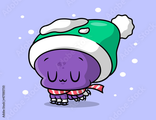 BaA CUTE PURPLE OCTOPUS IS PLAYING ICE SKATING IN WINTER.