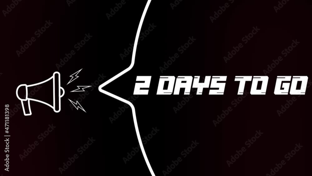 Megaphone with speech bubble and 2 days to go text on old tv glitch interference screen. Animation of retro 2 days to go text. 4K video motion graphic