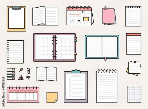 Various stationery for taking notes. Types of notes and pages. flat design style vector illustration.