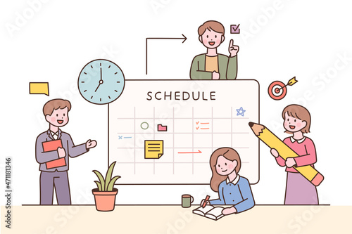 Office team members making plans around a large schedule board. flat design style vector illustration.