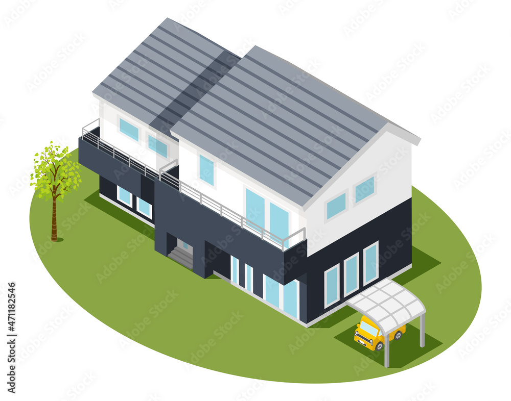 Isometric residential house - navy blue and white wall Isometric residential house - navy blue and white wall