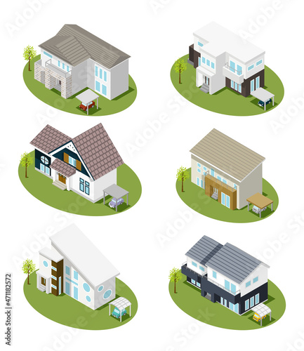 Set of isometric residential house, Six types variation