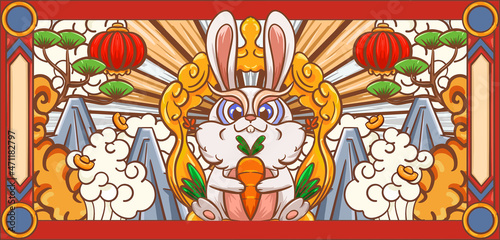 Hand drawn cartoon Chinese New Year rabbit Lunar New Year illustration design

