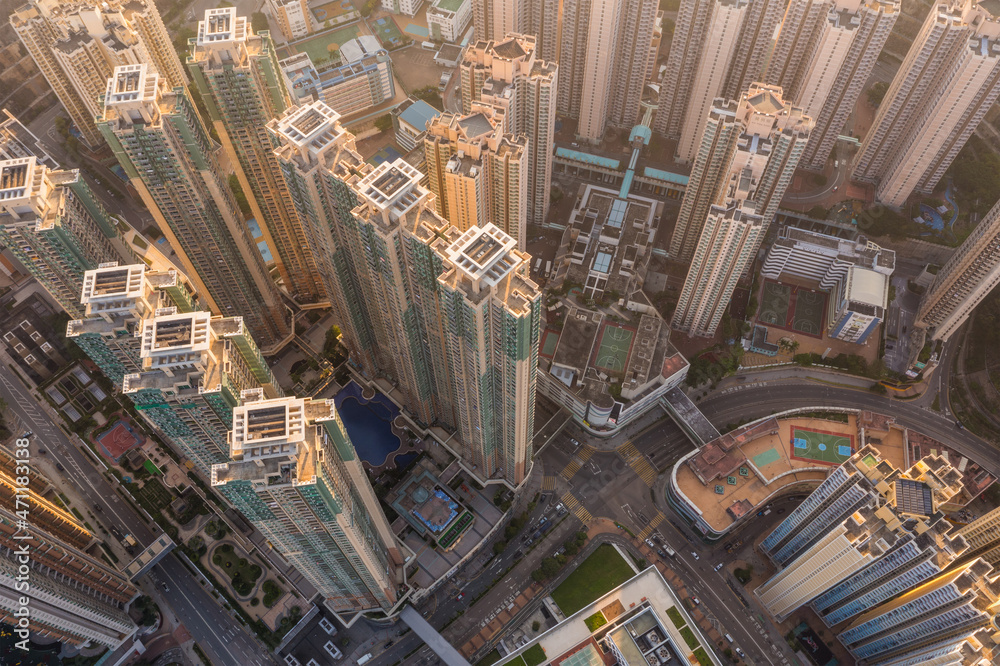 Fototapeta premium Top view of Hong Kong city under sunset