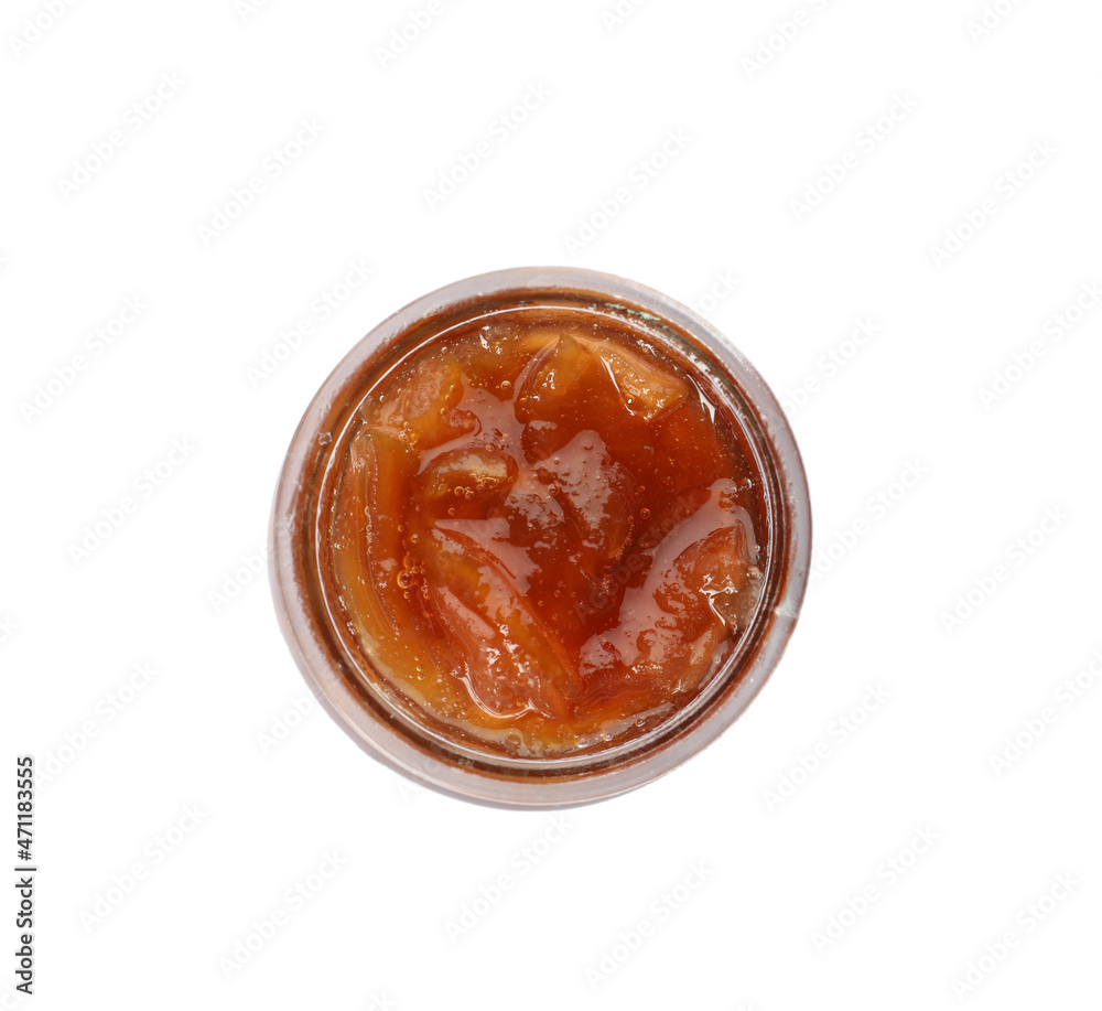Glass jar with apple jam isolated on white, top view Glass jar with apple jam isolated on white, top view