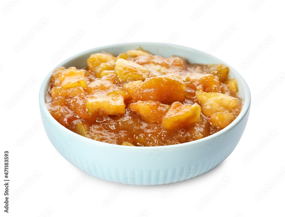 Tasty apple jam in bowl isolated on white Tasty apple jam in bowl isolated on white