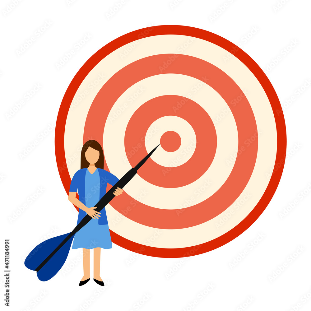 Businesswoman holding arrow to target in flat design. Target marketing. Achieve goal. Business strategy. Work planning. Businesswoman holding arrow to target in flat design. Target marketing. Achieve goal. Business strategy. Work planning.