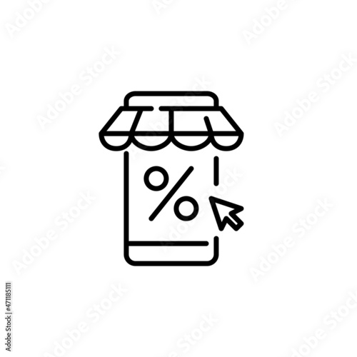 Online shopping sale event. E-store on a mobile phone with discount per cent symbols. Pixel perfect, editable stroke icon