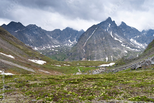 The beautiful valley of the Middle Sakukan river against the backdrop of the Kodar mountain range. Trans-Baikal Territory, Kodar National Park. photo