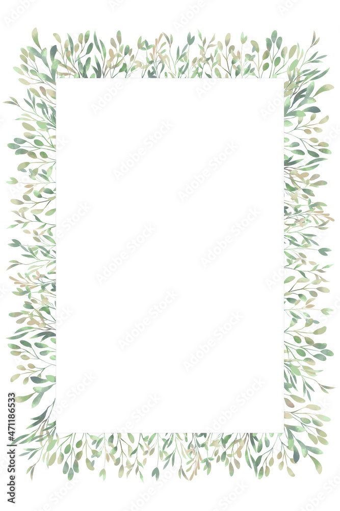Watercolor square frame. Spring foliage. Beautiful isolated clipart element for design.
