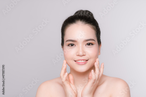 Beautiful woman face studio on white with sexy lips