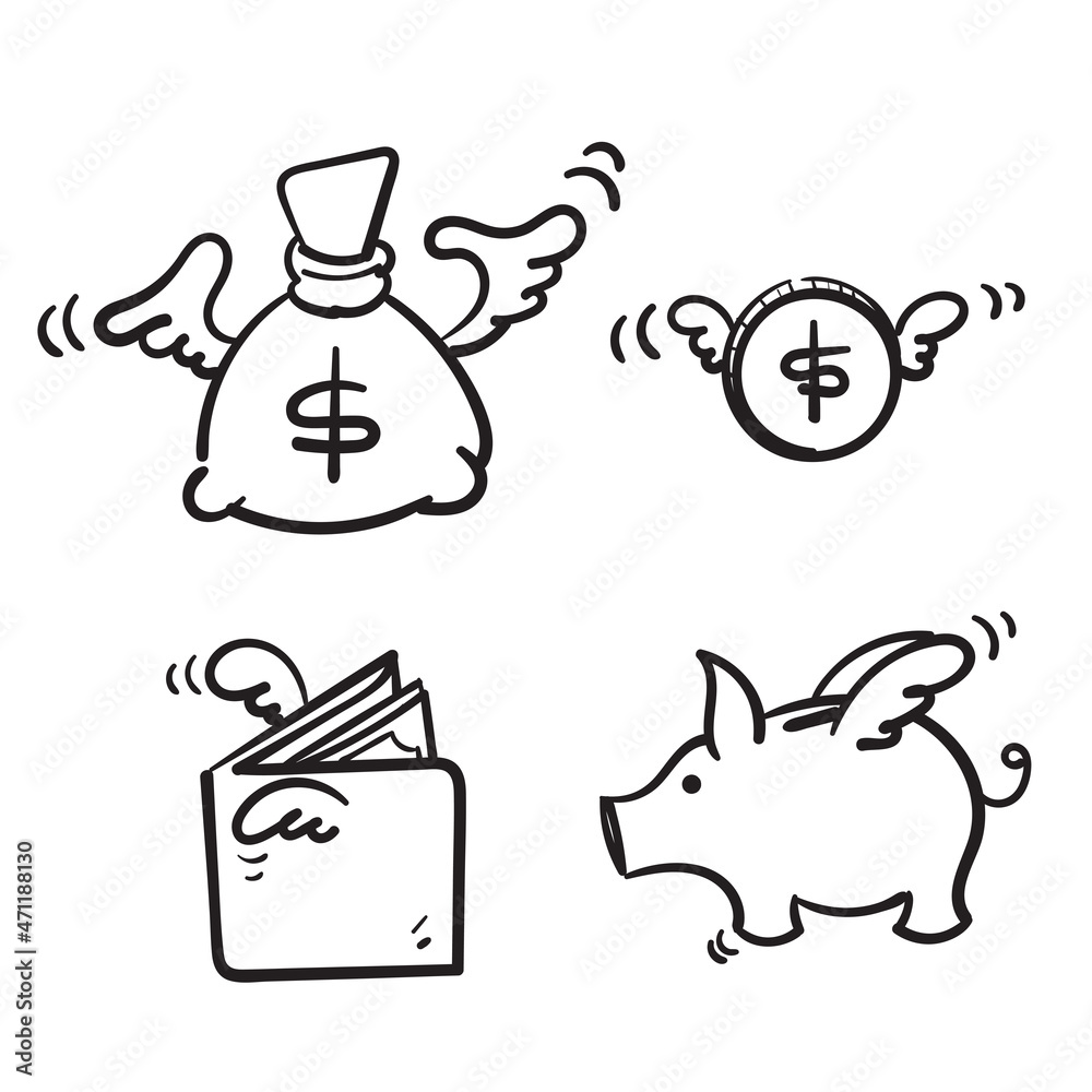 hand drawn doodle money related with wing flying illustration vector hand drawn doodle money related with wing flying illustration vector