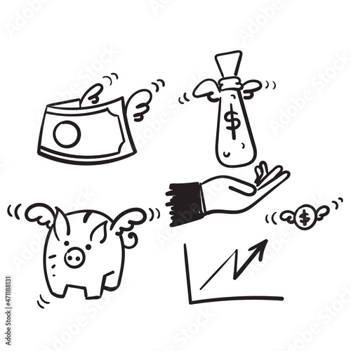 hand drawn doodle money related with wing flying illustration vector