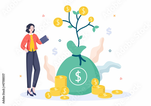 Money Tree of Financial Business Investment Profit Flat Design Vector Illustration with Dollar Banknotes and Golden Coins for Poster or Background