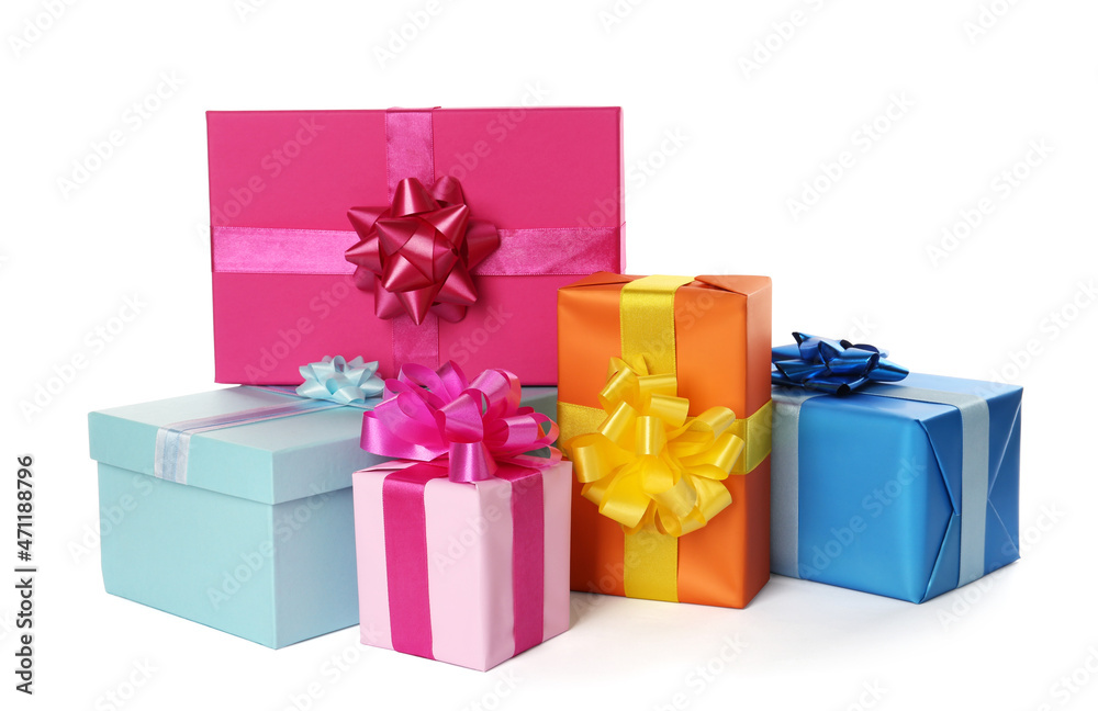 Colorful gift boxes with bows on white background Colorful gift boxes with bows on white background