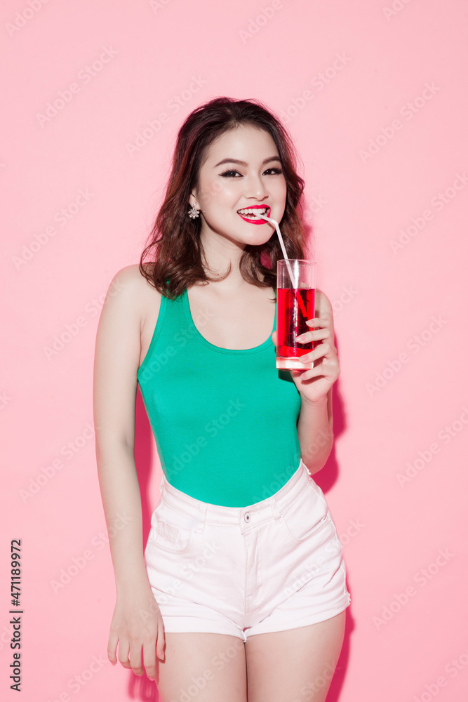 Summer portrait of pretty girl with cocktail. Summer portrait of pretty girl with cocktail.