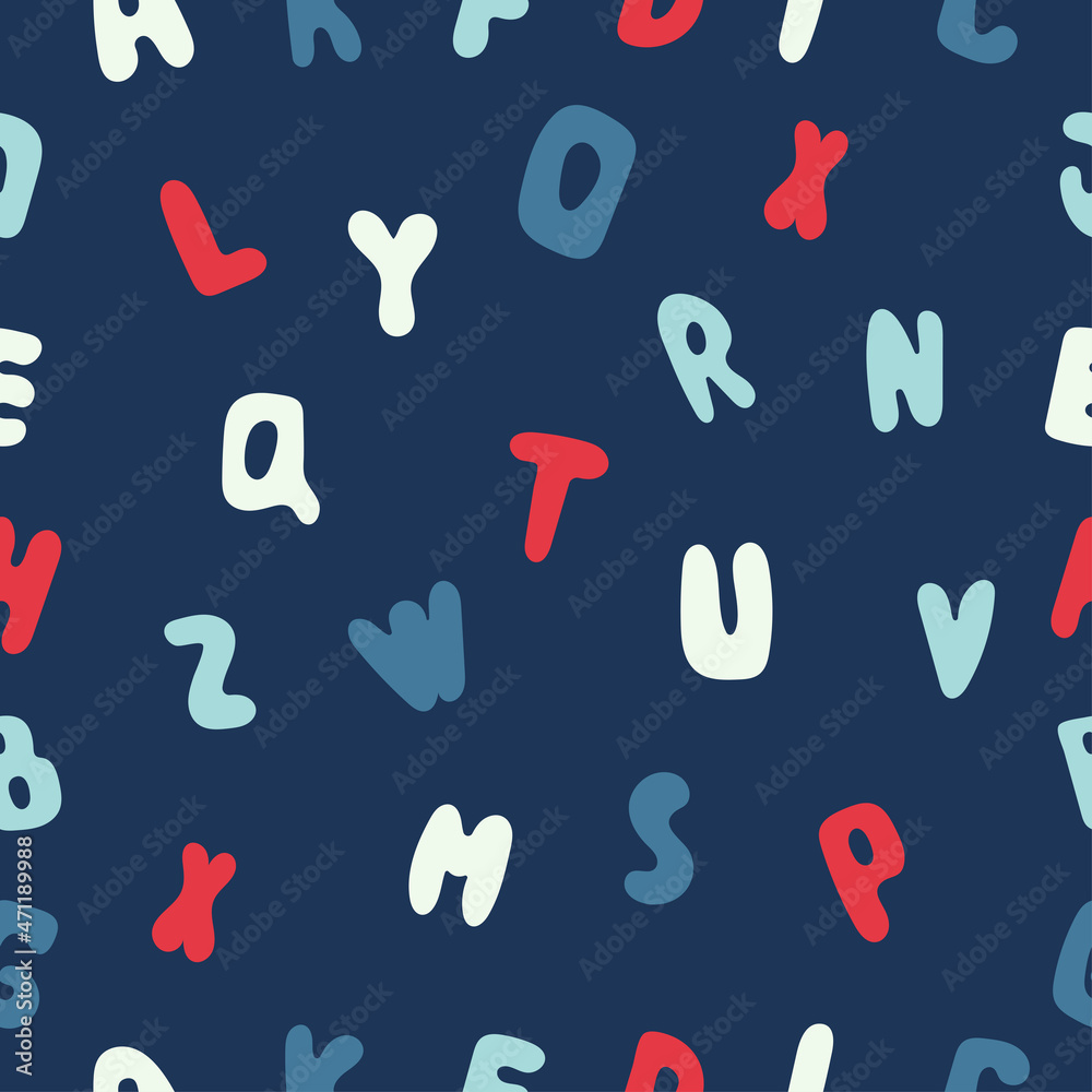 School red and blue letters seamless pattern on dark blue background. Typography alphabet. Vector illustration School red and blue letters seamless pattern on dark blue background. Typography alphabet. Vector illustration