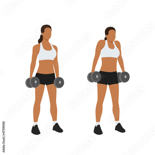 Woman doing Dumbbell shrugs exercise. Flat vector illustration isolated on white background photo