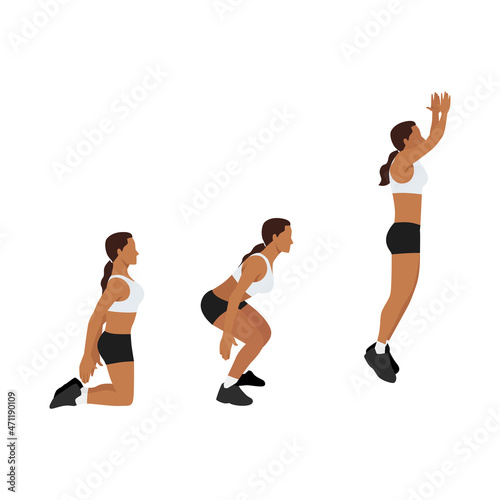 Woman doing Floor. Power jumps. Knee to jump squat exercise. Flat vector illustration isolated on white background