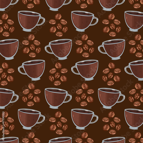 Seamless coffee beans and cup drink texture background brown concept vector
