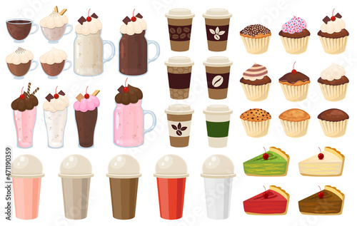Set of drinks and desserts snacks sweet food concept vector