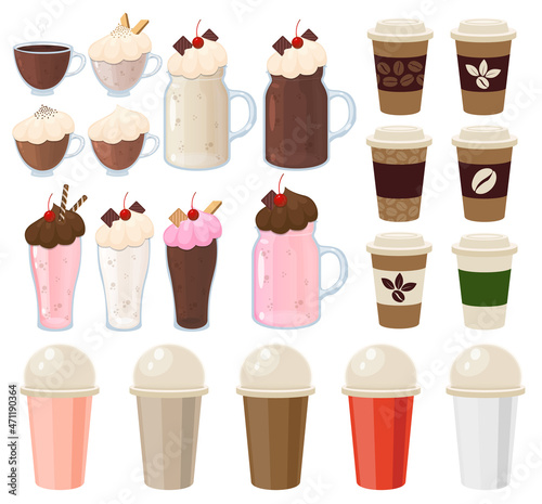 Set of drinks milk shakes and coffee vector food concept dessert