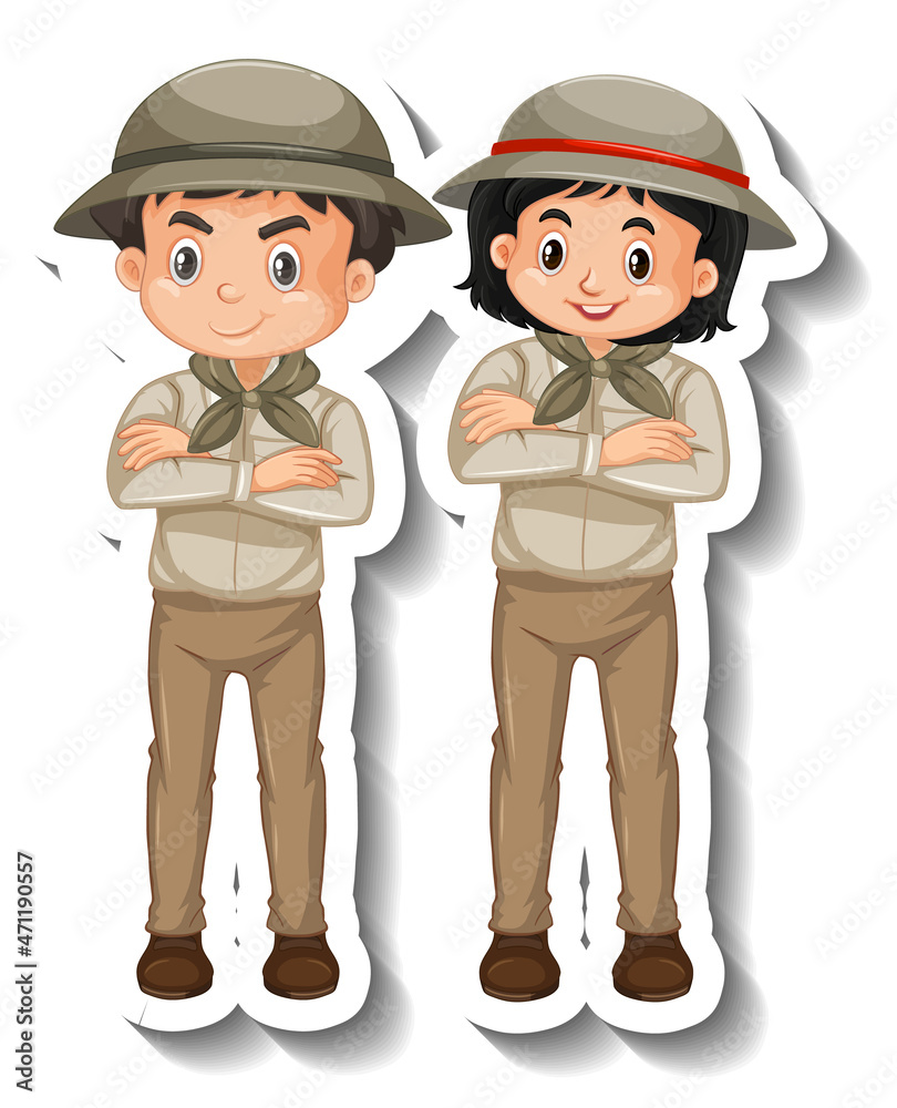 Couple kids wear safari outfit cartoon character sticker Couple kids wear safari outfit cartoon character sticker